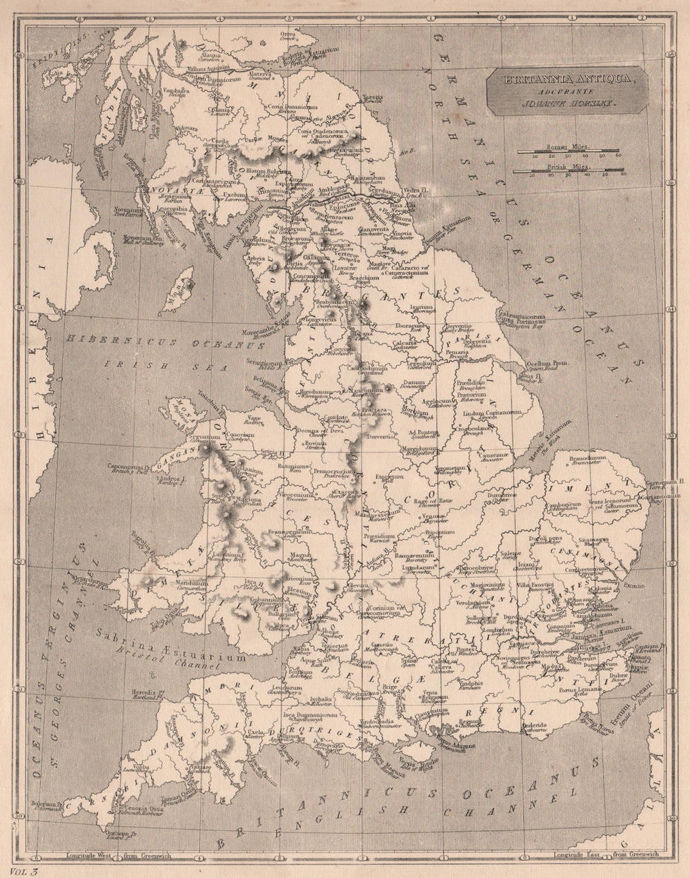 ROMAN BRITAIN. Britannia Antiqua. Roman names. HORSLEY 1880 old antique map