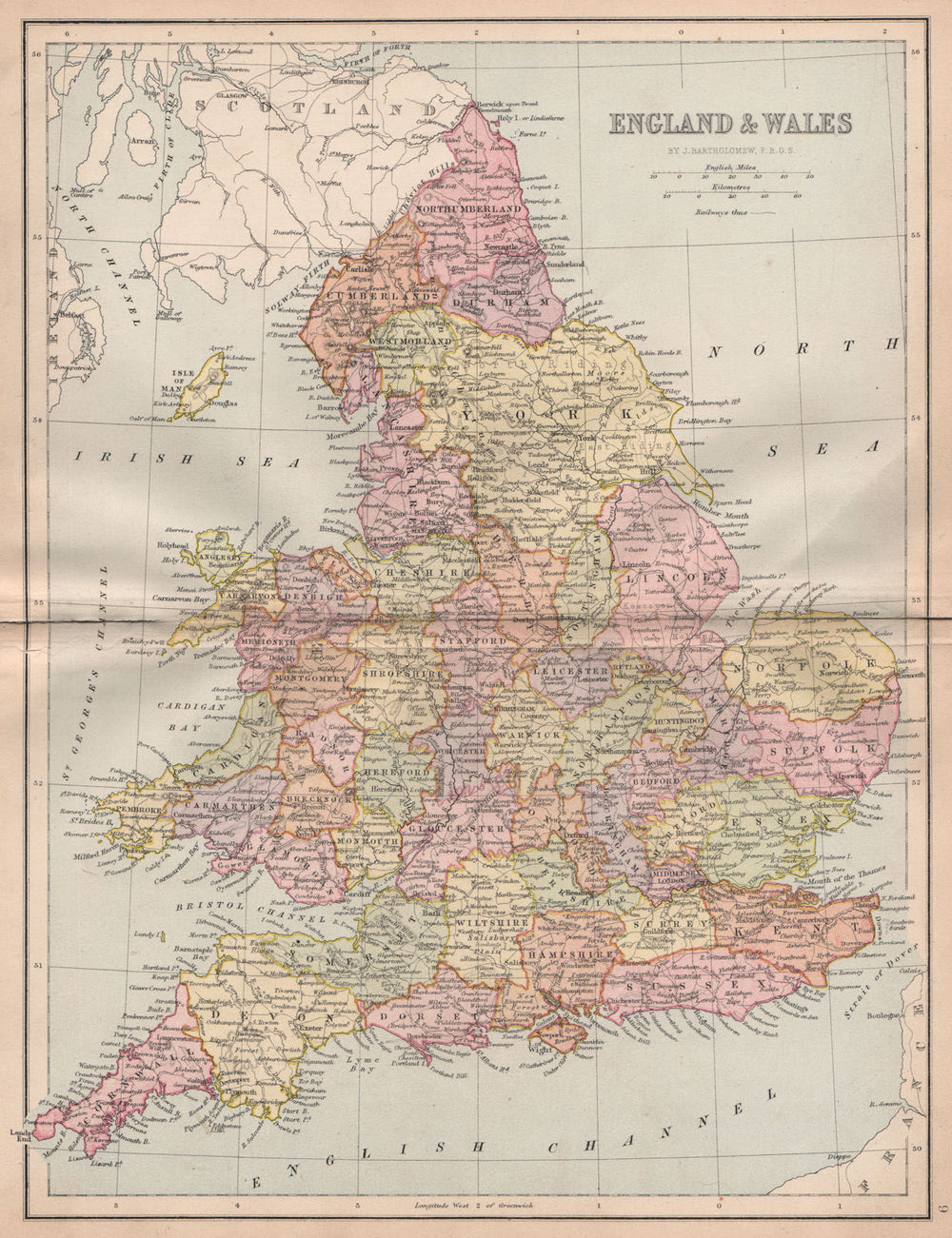 GREAT BRITAIN. 'England & Wales'. Counties. Railways. BARTHOLOMEW 1878 old map