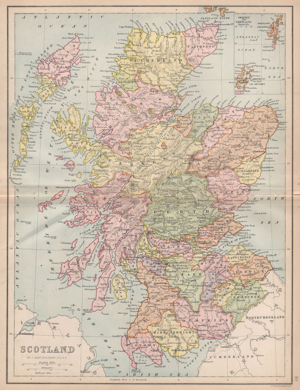 SCOTLAND. Counties. Railways. BARTHOLOMEW 1878 old antique map plan chart