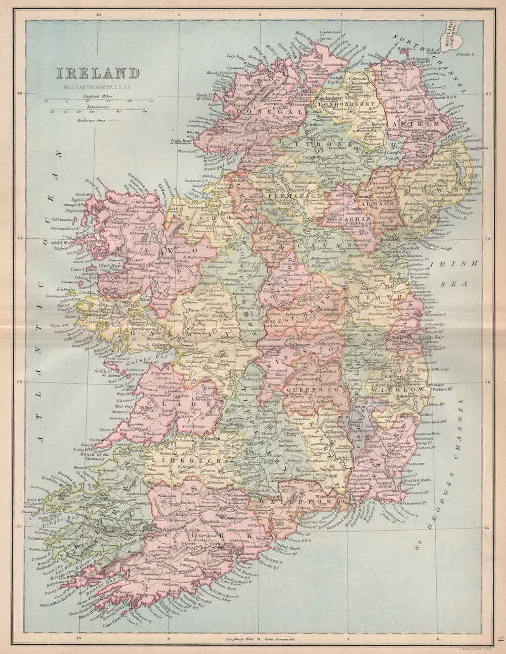 IRELAND. Pre-partition. Counties. Railways. BARTHOLOMEW 1878 old antique map