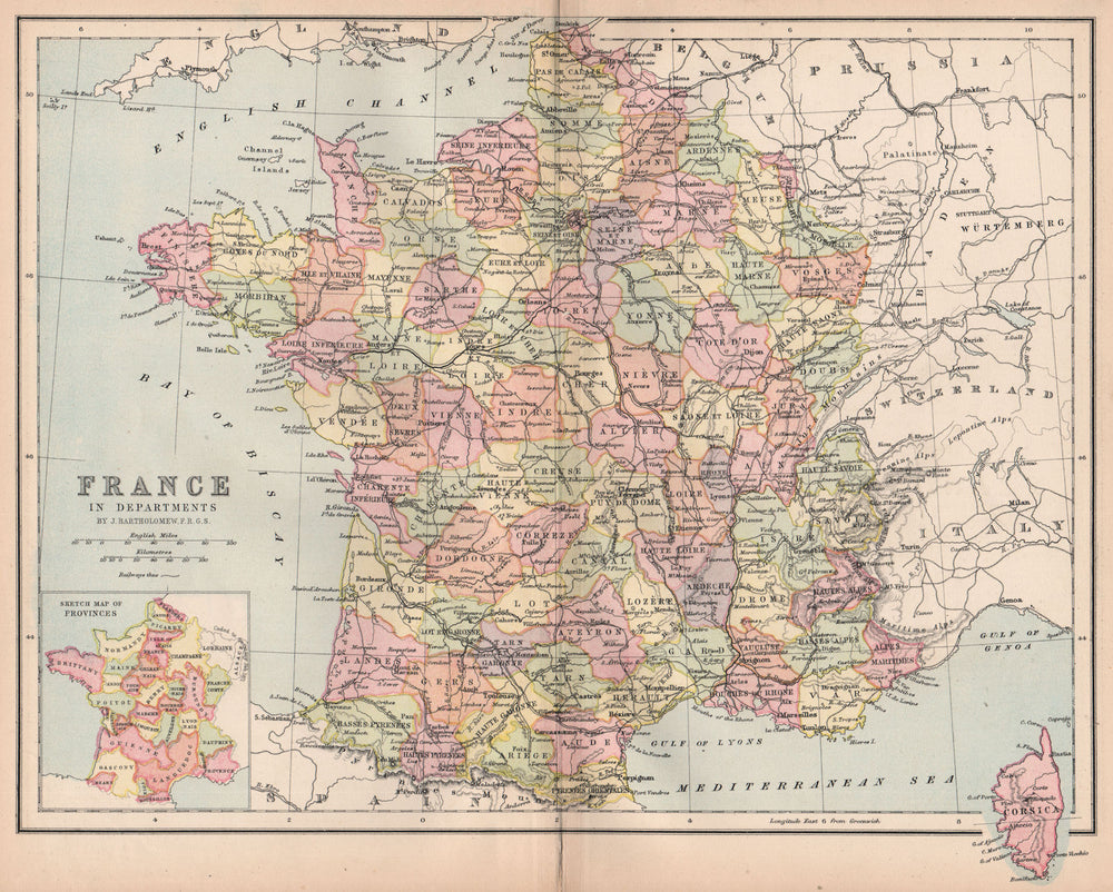 'France in Departments'. w/o Alsace Lorraine & Menton. BARTHOLOMEW 1878 map