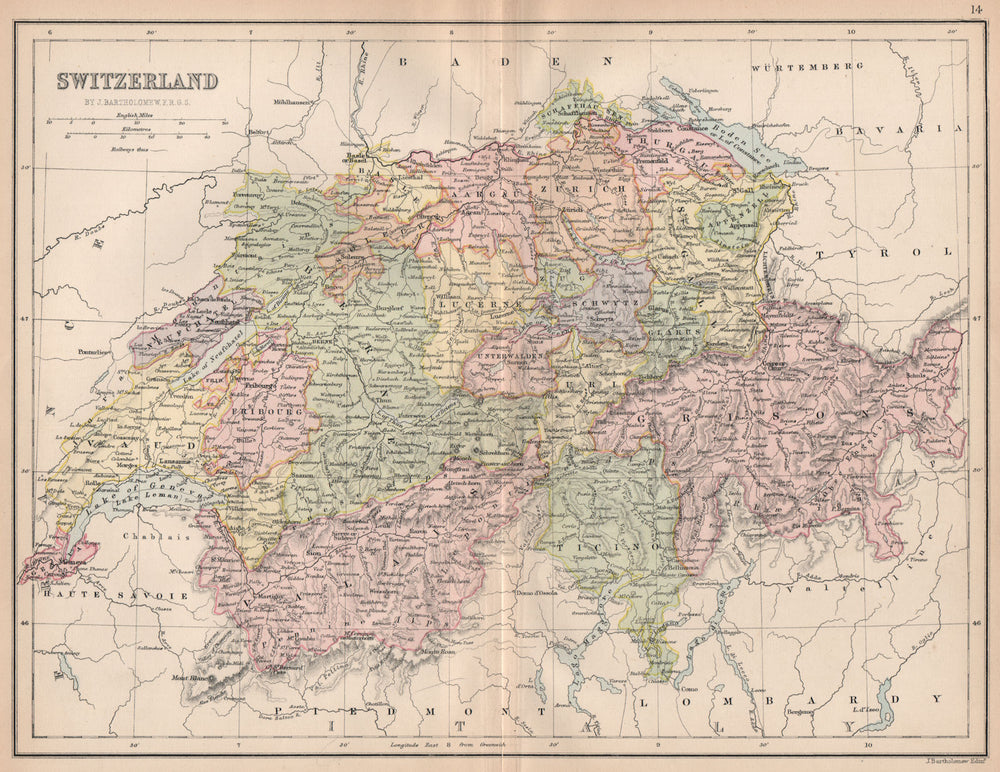 'Switzerland'. Cantons. Railways. BARTHOLOMEW 1878 old antique map plan chart