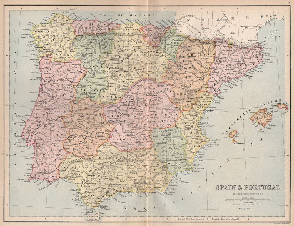 IBERIA. 'Spain & Portugal'. Spanish provinces. BARTHOLOMEW 1878 old map