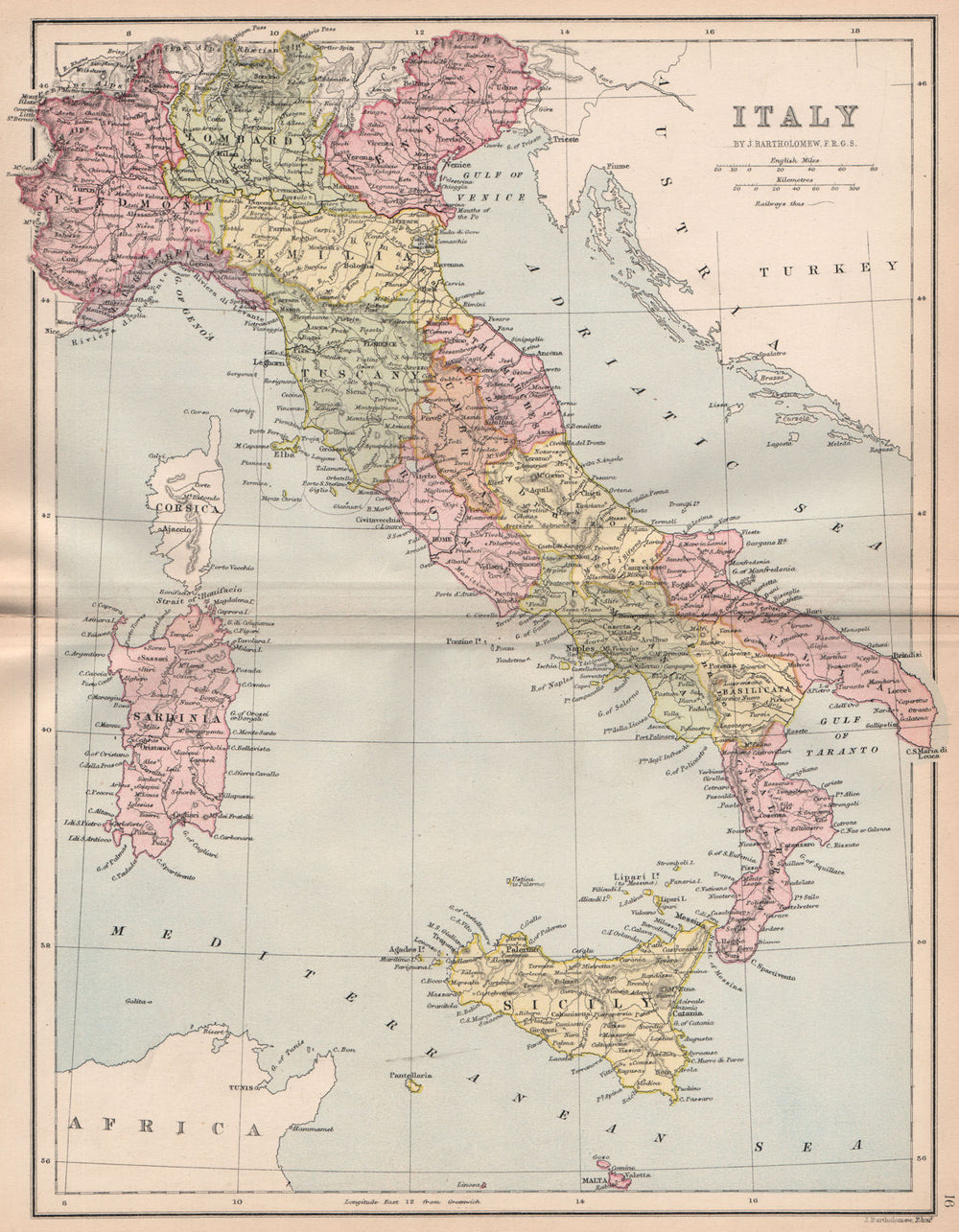 ITALY. w/o Trieste & South Tyrol. BARTHOLOMEW 1878 old antique map plan chart