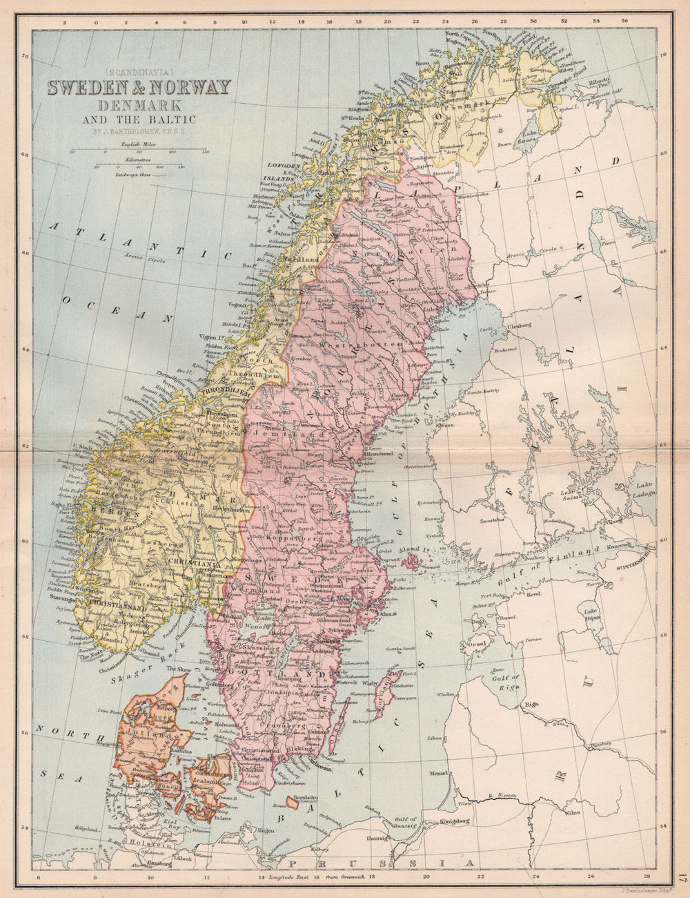 SCANDINAVIA. Sweden Norway Denmark Baltic. Railways. BARTHOLOMEW 1878 old map