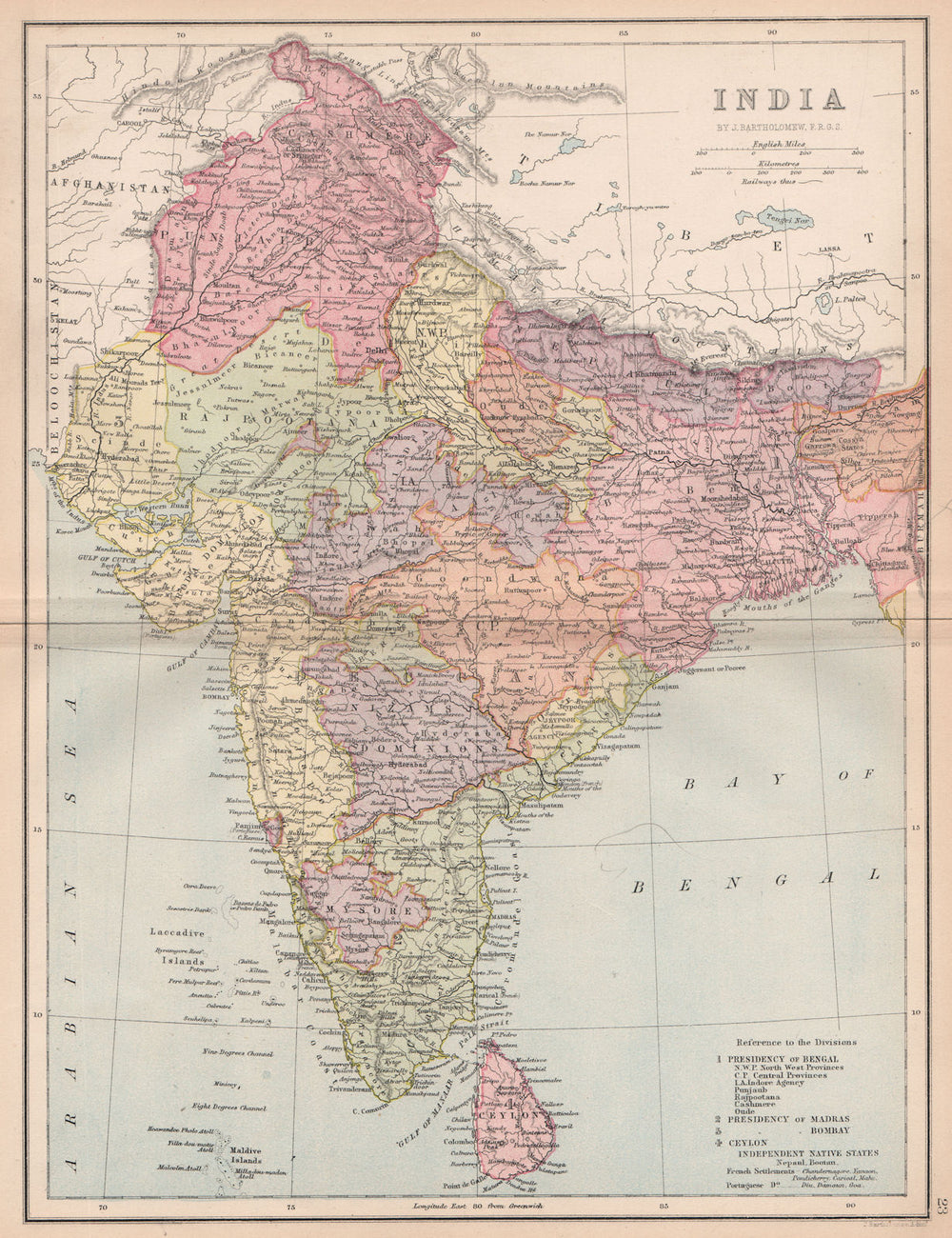 BRITISH INDIA. Presidencies. Railways. BARTHOLOMEW 1878 old antique map chart