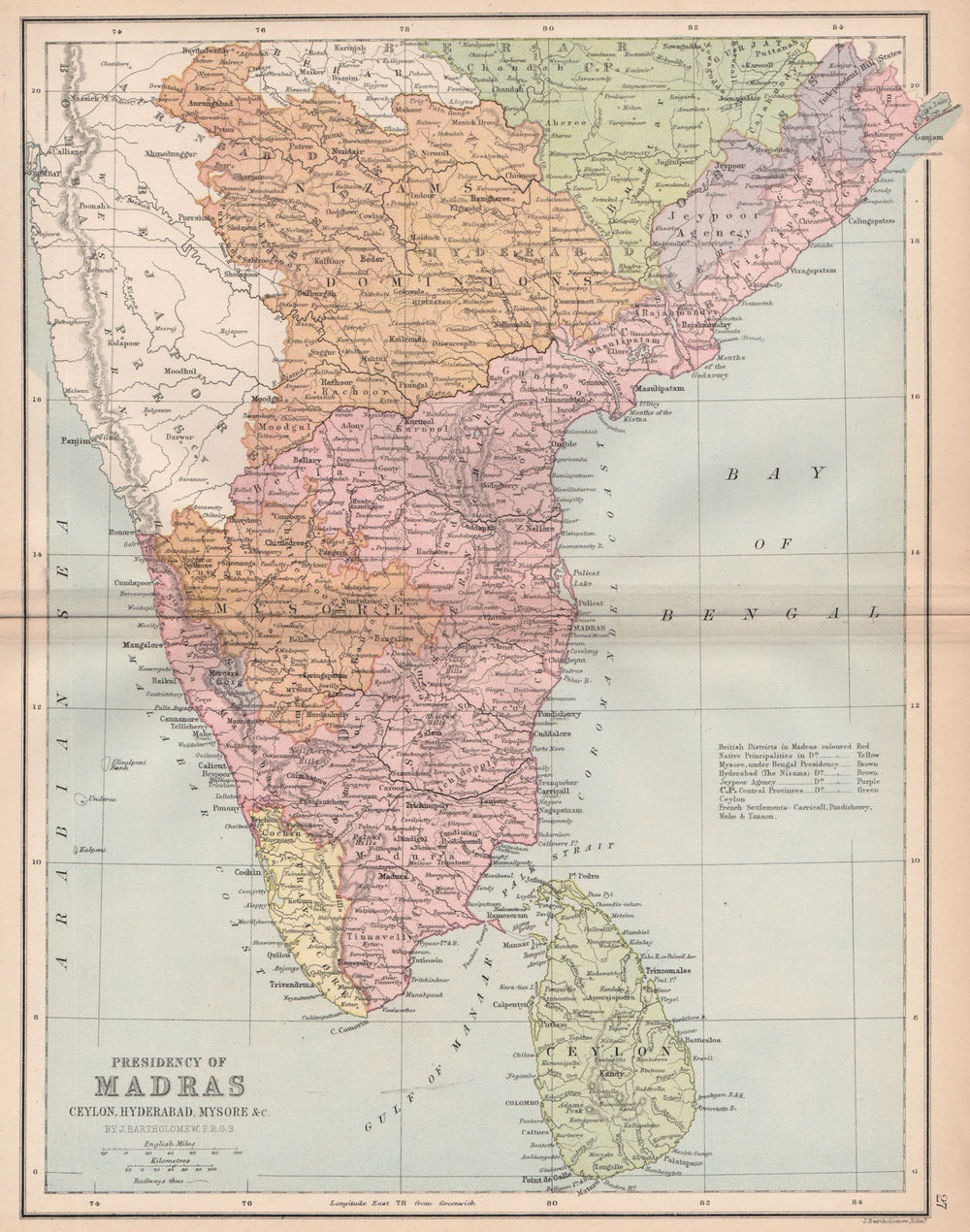 BRITISH INDIA SOUTH 'Madras Presidency' Mysore Ceylon Coromandel Coast 1878 map