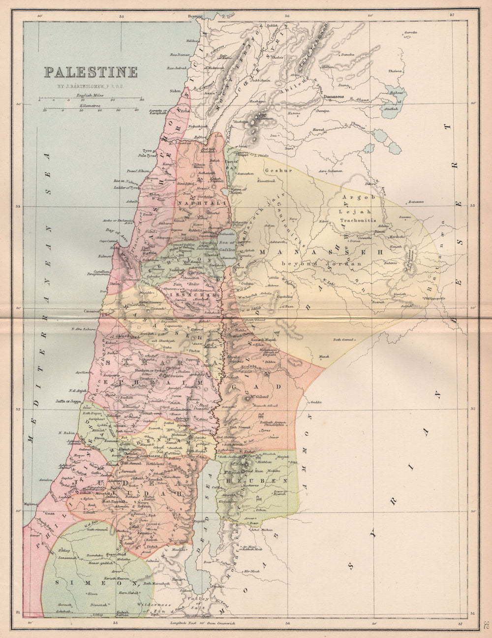 PALESTINE. 12 tribes of Israel. Judea Samaria Galilee. BARTHOLOMEW 1878 map