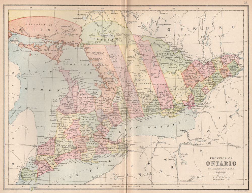 CANADA. 'Province of Ontario'. Counties. Railways. Districts 1878 old map