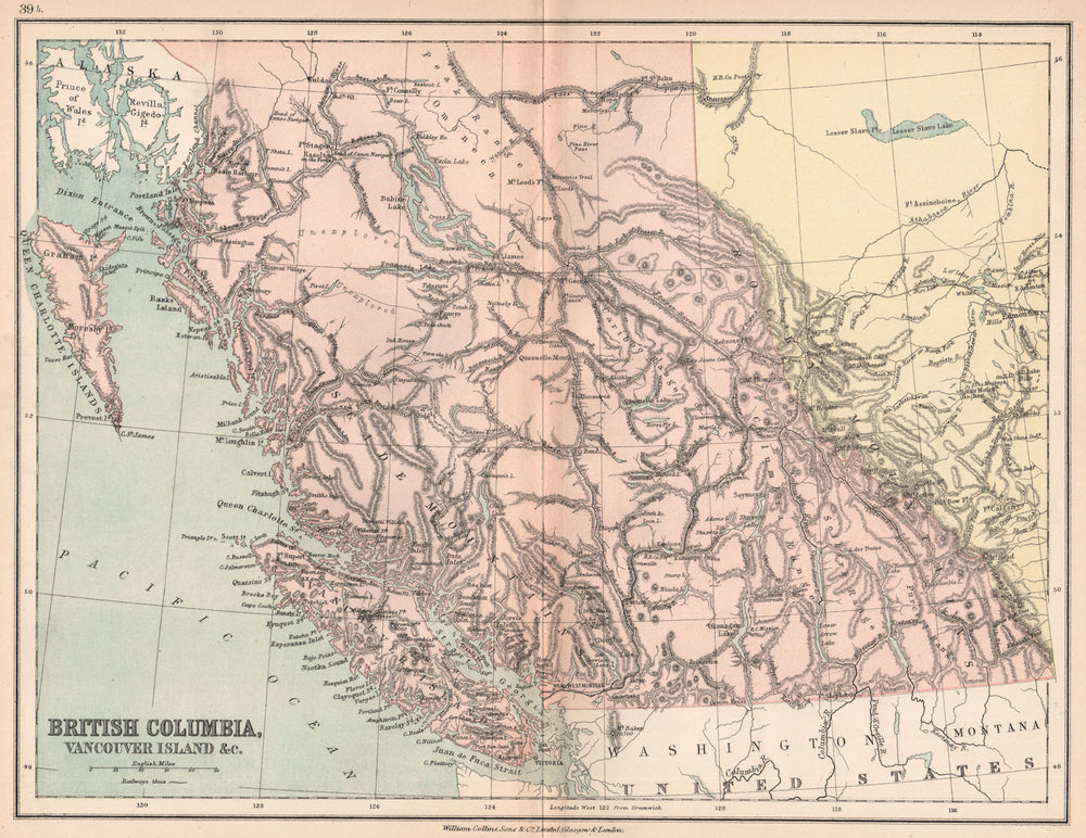 BRITISH COLUMBIA. Unexplored areas. New Westminster. BARTHOLOMEW 1878 old map