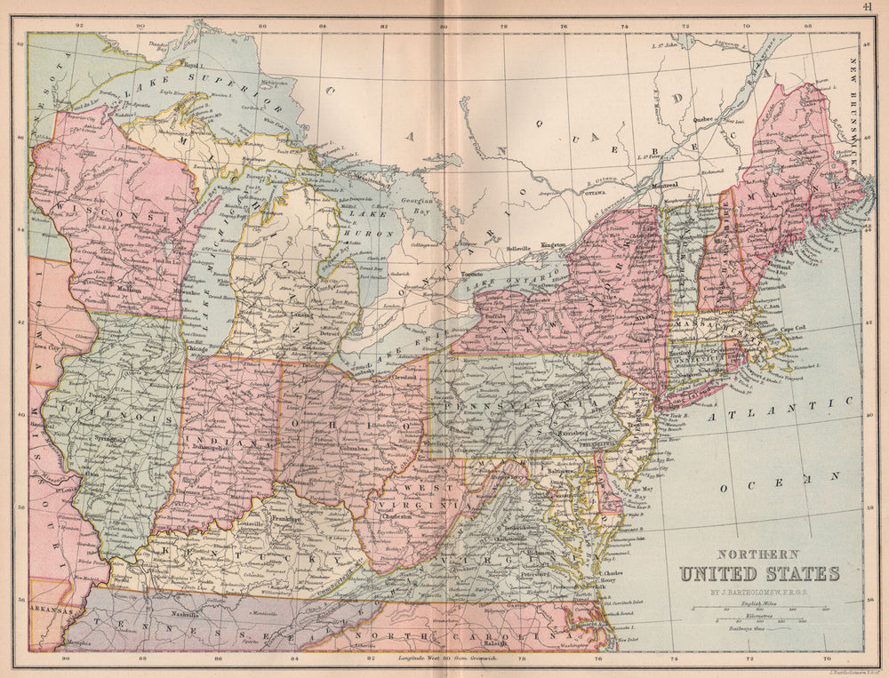 USA NORTH EAST. Atlantic States. Midwest. BARTHOLOMEW 1878 old antique map