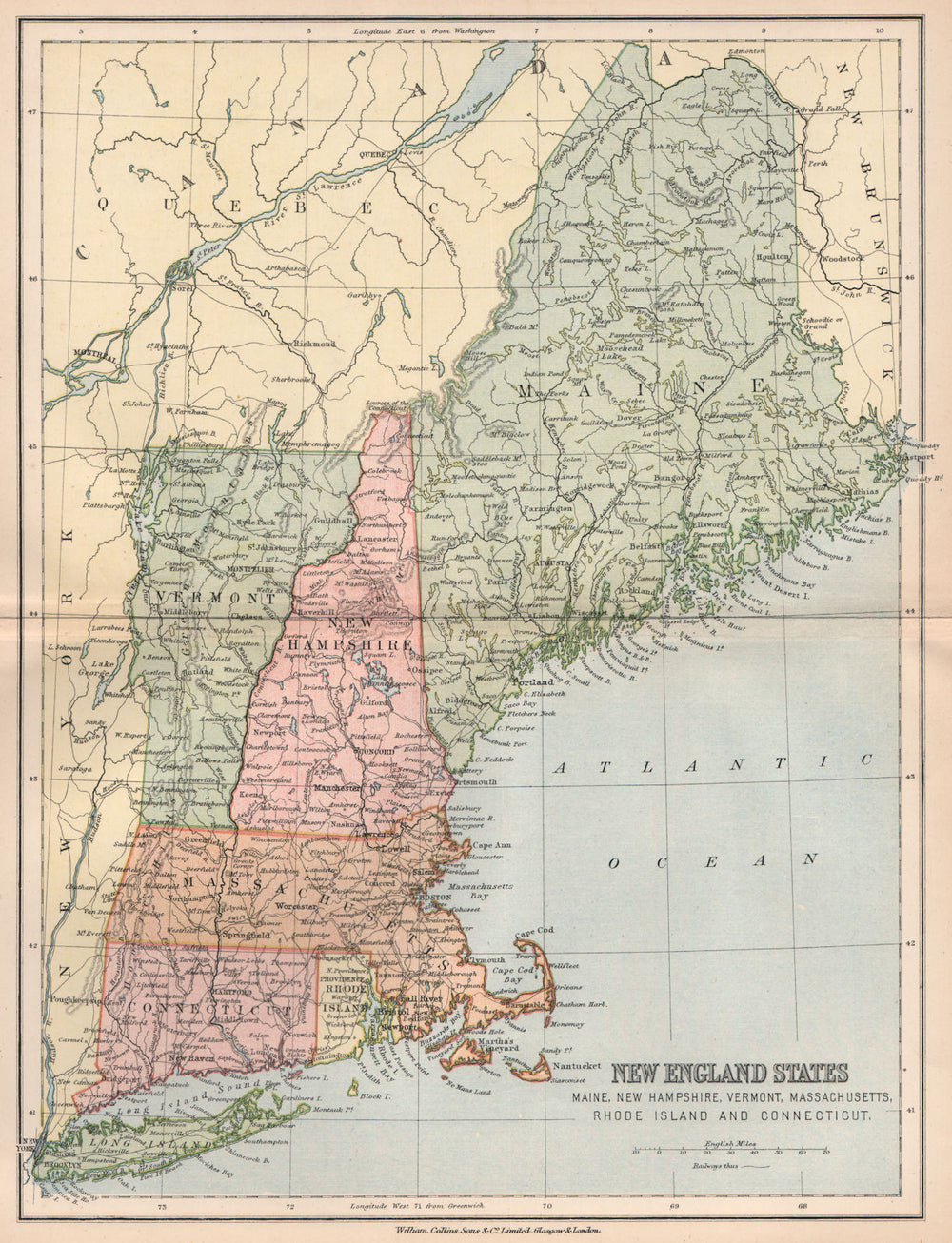 NEW ENGLAND USA. Maine NH Vermont Massachusetts RI Connecticut 1878 old map