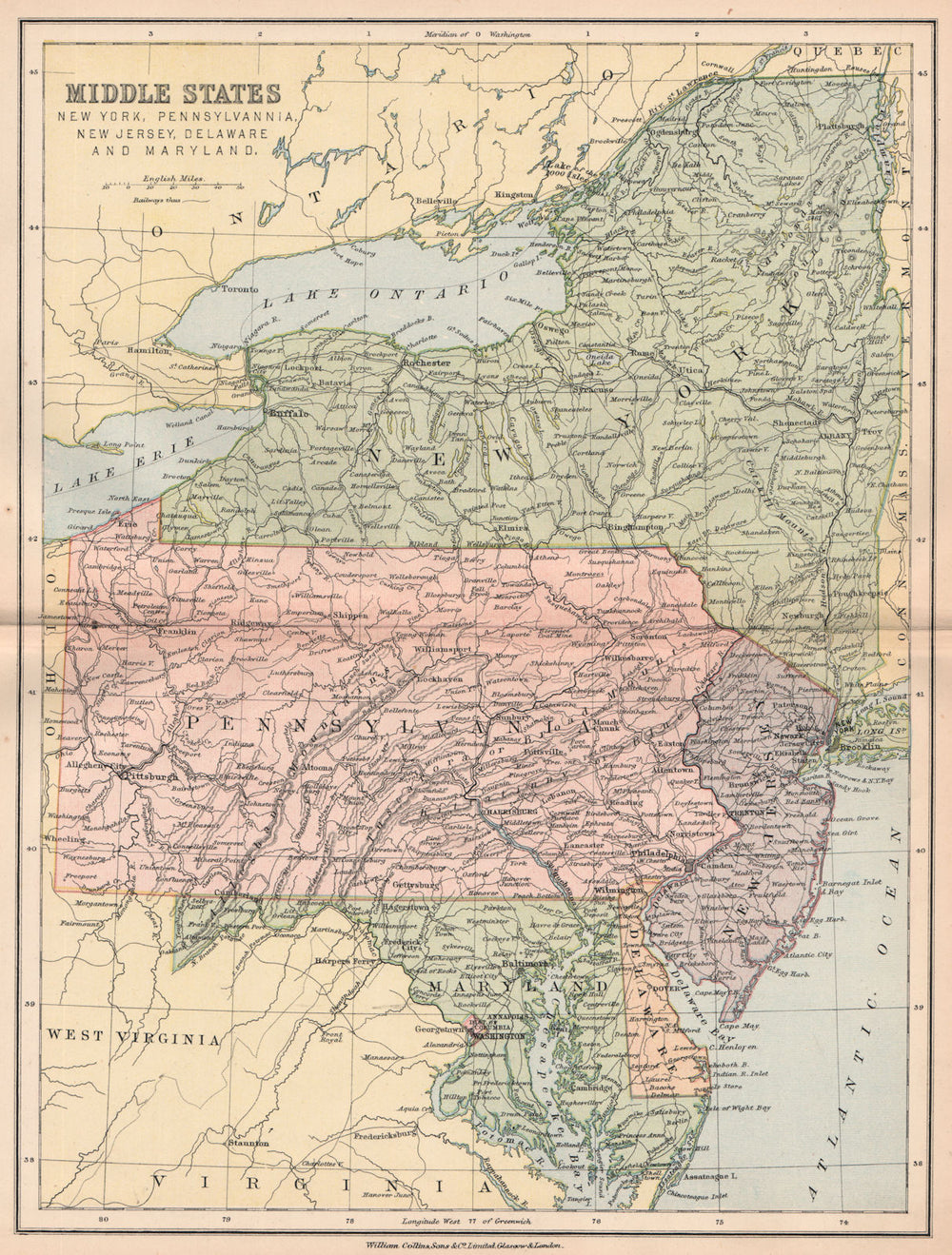 USA ATLANTIC STATES. New York Pennsylvannia New Jersey DE Maryland 1878 map
