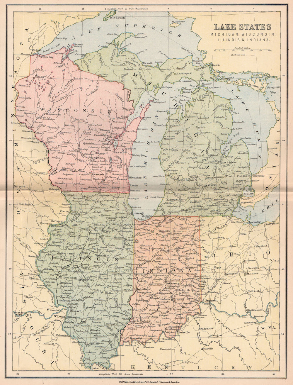 MIDWESTERN USA. 'Lake States. Michigan, Wisconsin, Illinois & Indiana' 1878 map