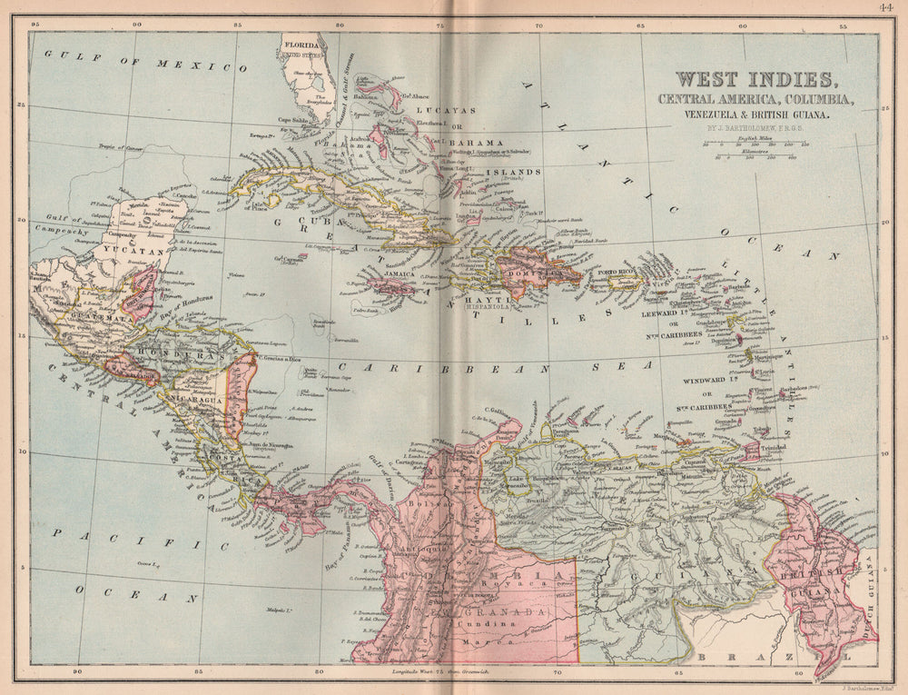 CARIBBEAN. West Indies Cent. America Columbia Venezuela British Guiana 1878 map