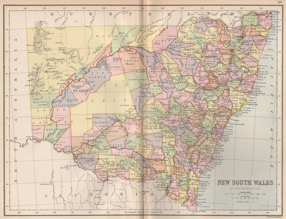 NEW SOUTH WALES. State map. Shows counties/districts/railways. Australia 1878