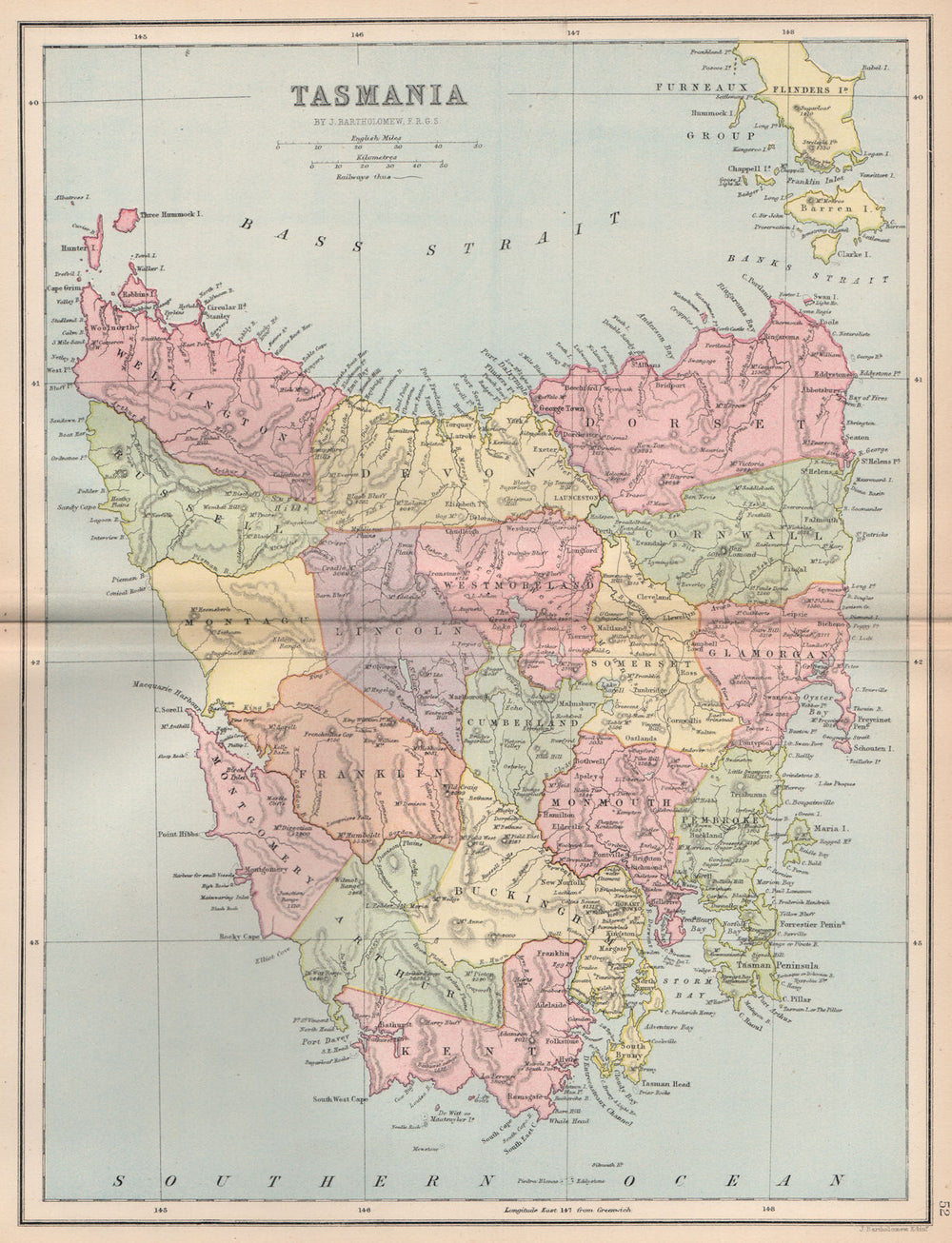 TASMANIA. State map showing counties & railways. Australia. BARTHOLOMEW 1878