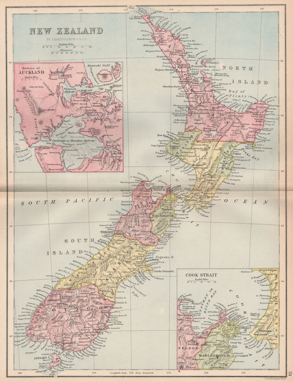 NEW ZEALAND. Showing 1870 provinces. Auckland environs. BARTHOLOMEW 1878 map