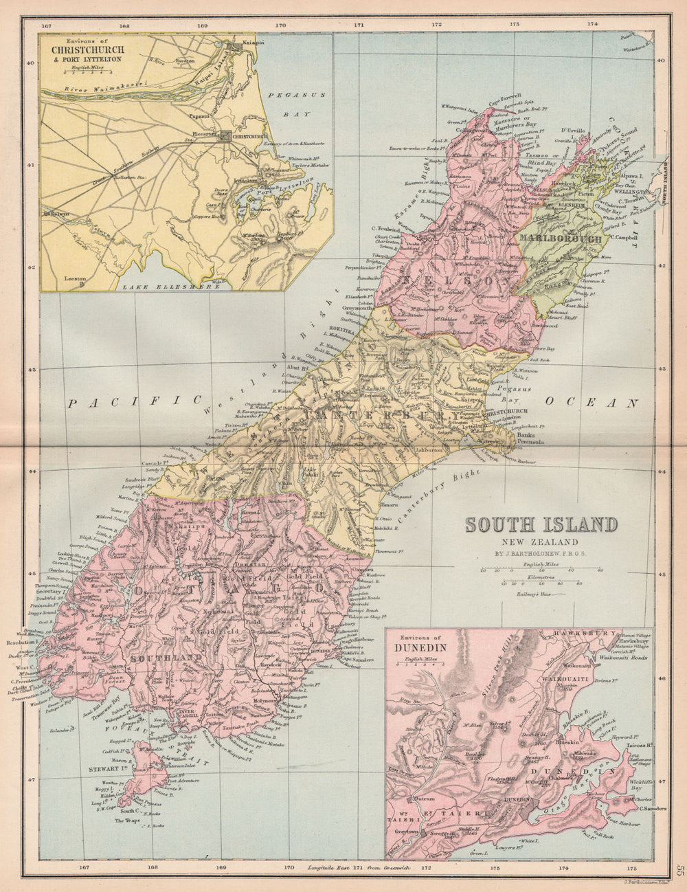 SOUTH ISLAND NEW ZEALAND. Shows 1870 provinces. Dunedin Christchurch 1878 map