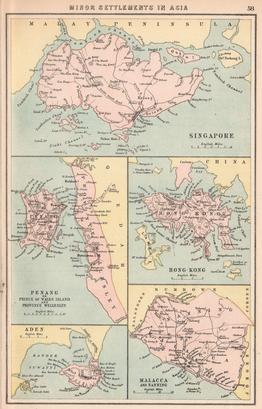 BRITISH EAST ASIAN COLONIES. Singapore Penang Hong Kong Malacca 1878 old map