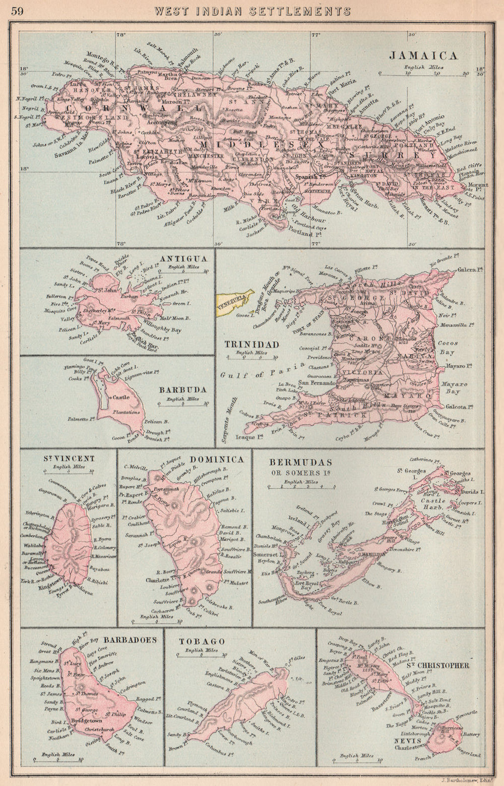 BRITISH WEST INDIES Jamaica Antigua Trinidad Dominica Bermuda Barbados 1878 map