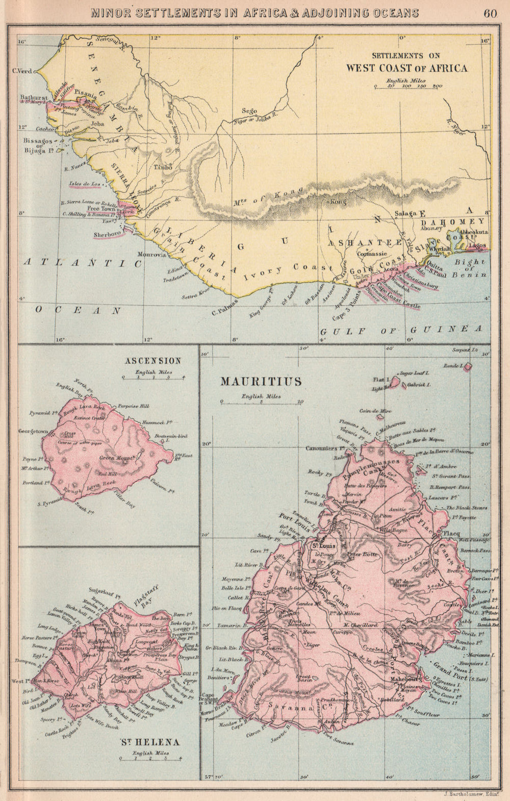 BRITISH AFRICAN COLONIES. West Africa Ascension St. Helena Mauritius 1878 map