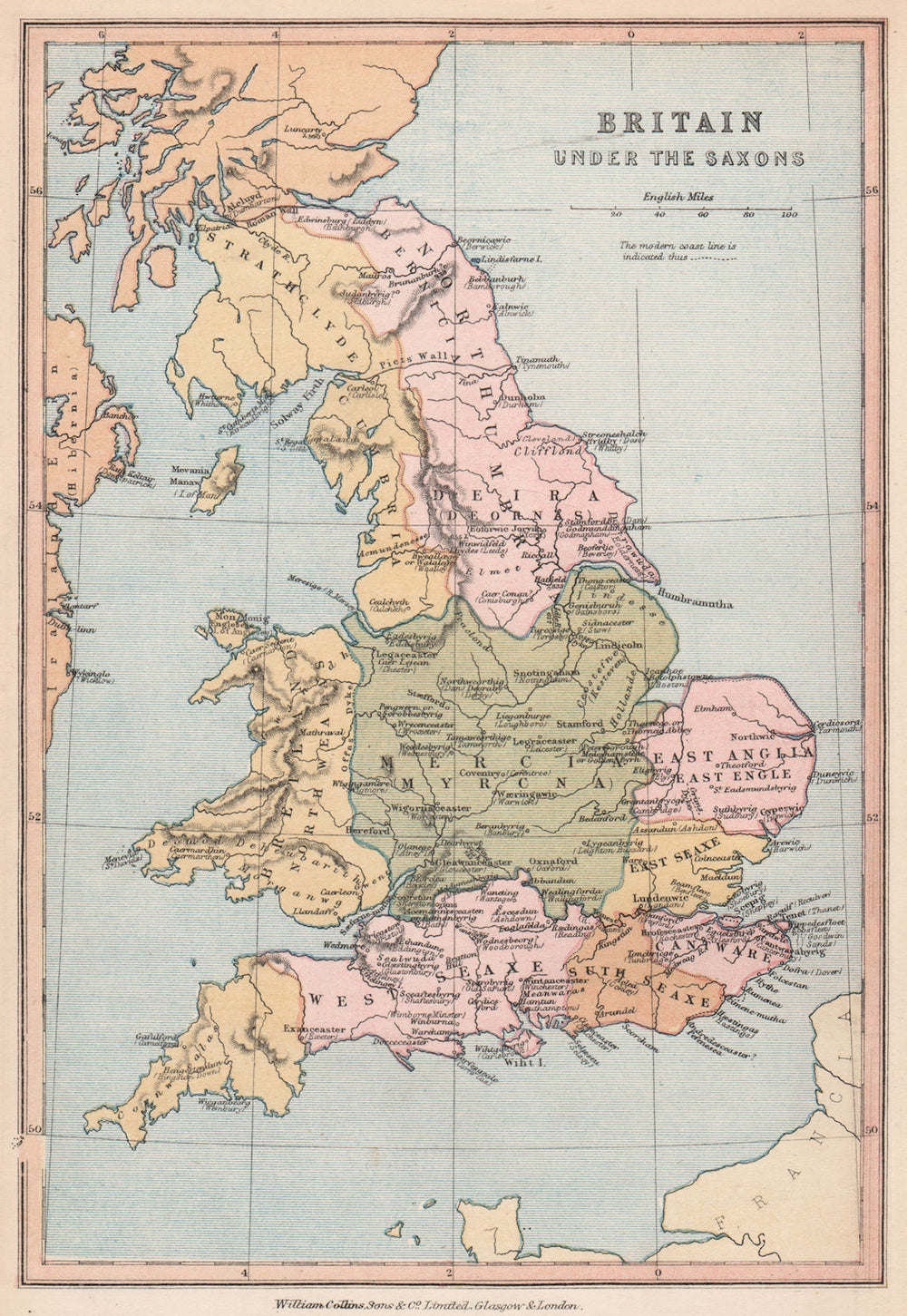 SAXON BRITAIN. Names of Saxon towns. Provinces. BARTHOLOMEW 1878 old map