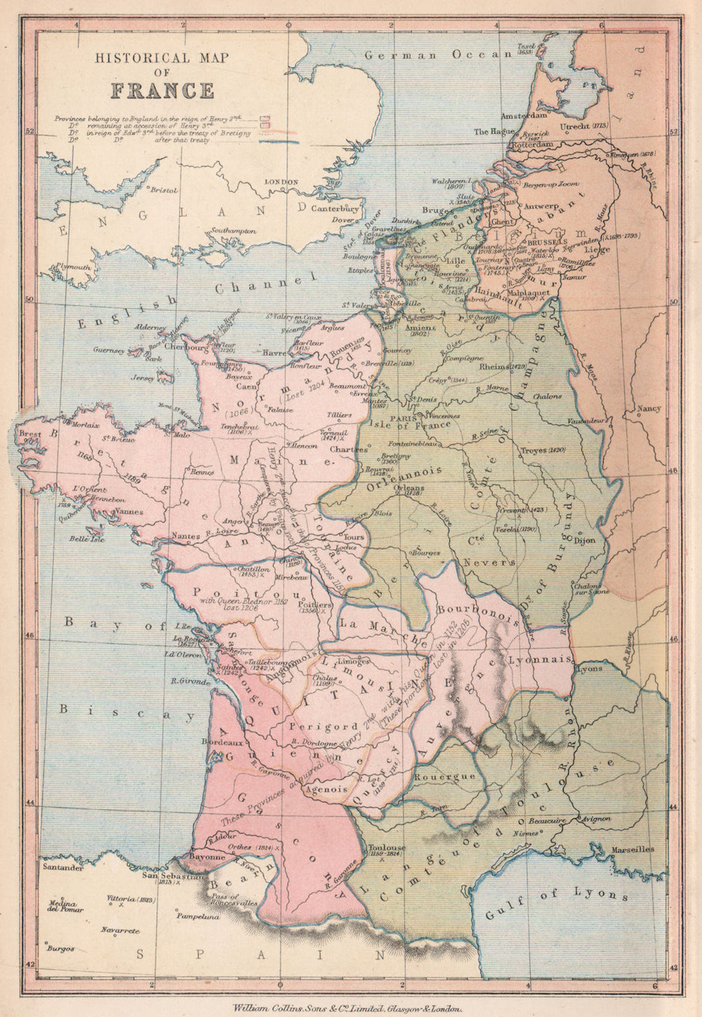 FRANCE HISTORICAL. English territories under Henry II III Edward III 1878 map
