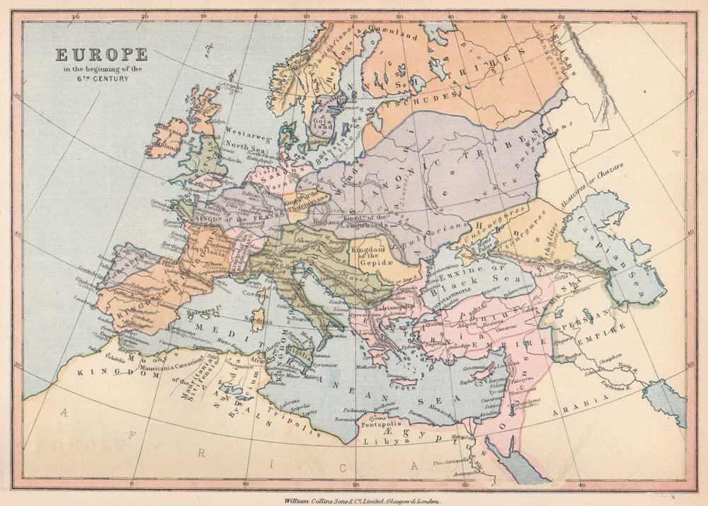 'Europe in the beginning of the 6th Century'. BARTHOLOMEW 1878 old antique map