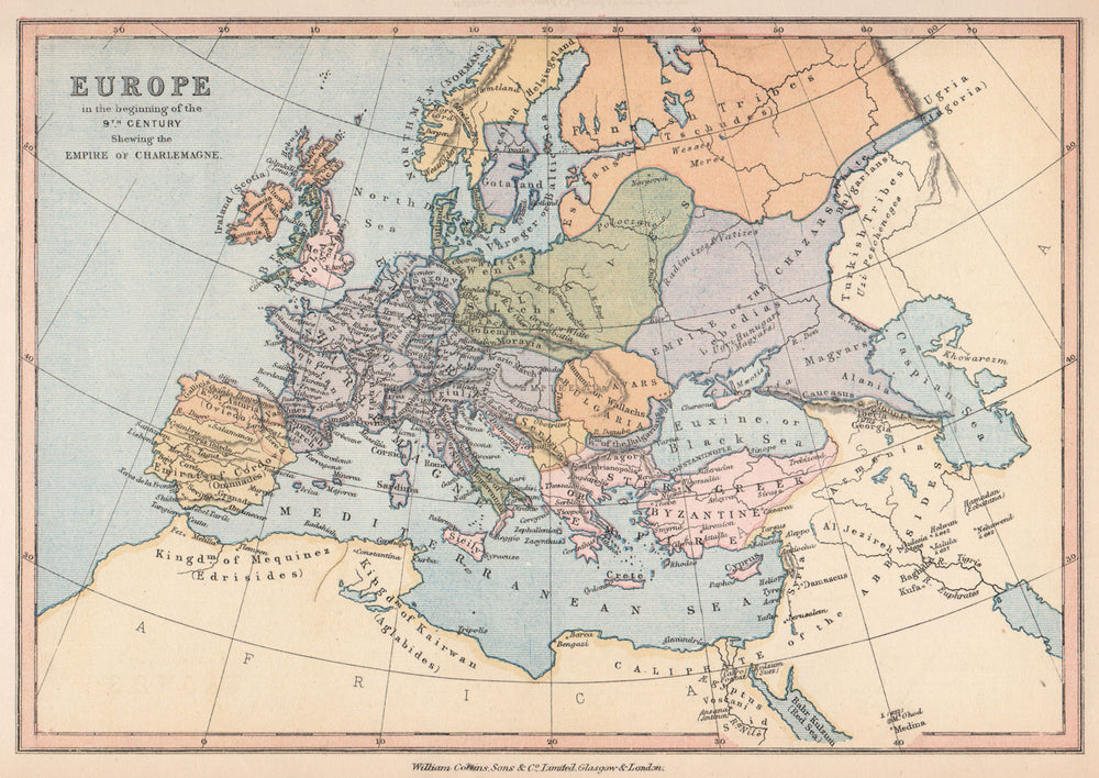 EMPIRE OF CHARLEMAGNE. 'Europe in the beginning of the 9th Century' 1878 map