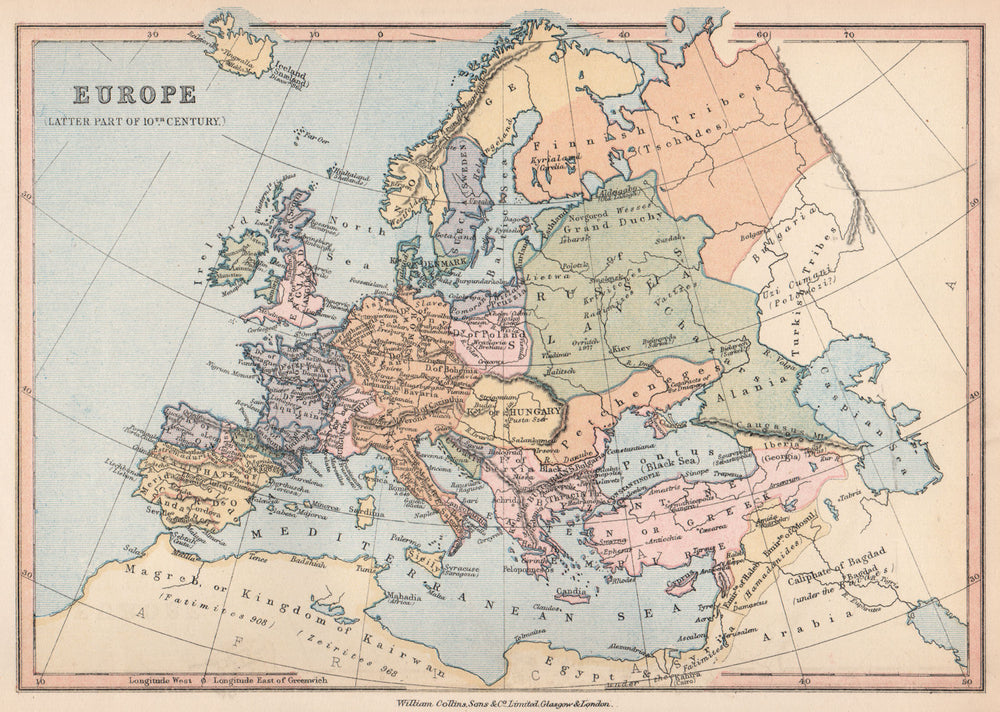 'Europe (Latter part of 10th Century)'. BARTHOLOMEW 1878 old antique map chart