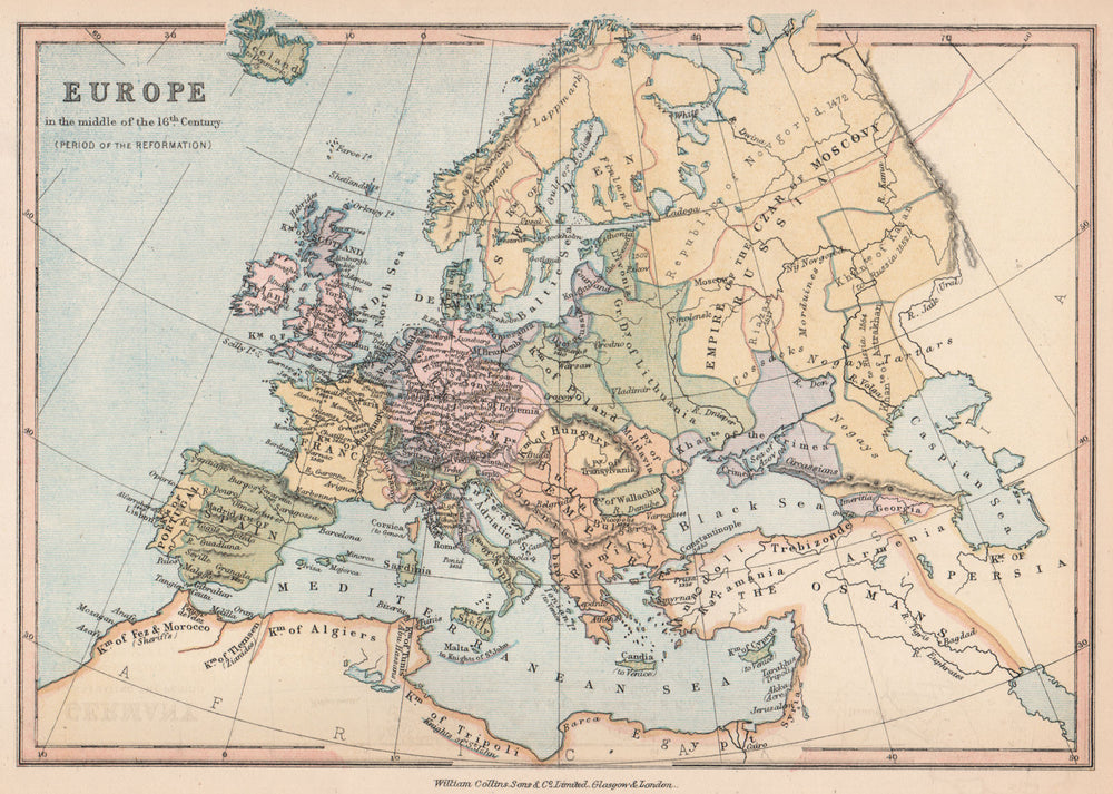 'Europe in the middle of the 16th Century (Period of the Reformation)' 1878 map