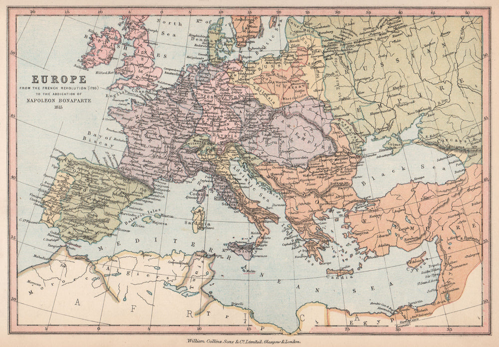 NAPOLEONIC EUROPE. French Revolution 1793- Bonaparte's abdication 1815 1878 map
