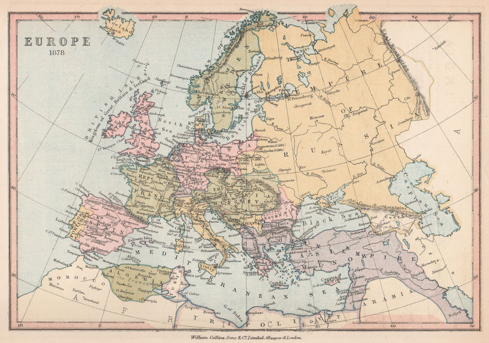 Europe 1878'. After Congress/Treaty of Berlin. BARTHOLOMEW 1878 old map