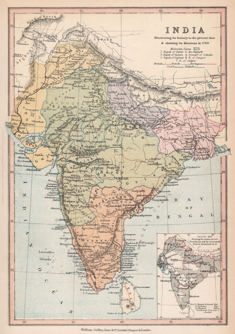 INDIA IN 1760. British French Dutch Portuguese Danish. BARTHOLOMEW 1878 map
