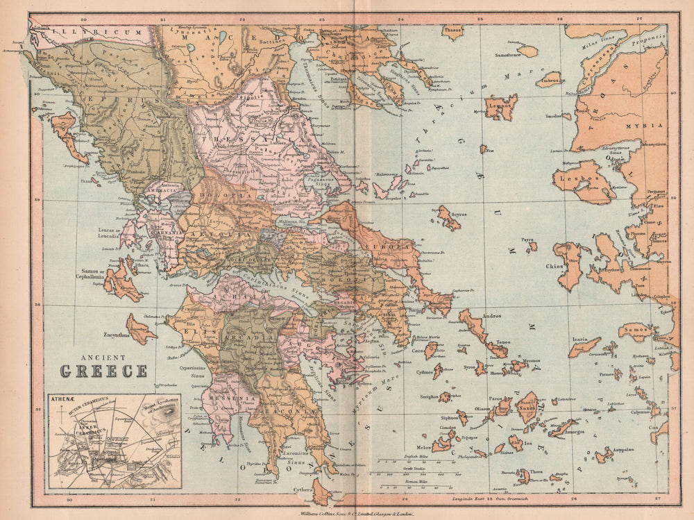 ANCIENT GREECE. Showing provinces. Inset Athens. BARTHOLOMEW 1878 old map