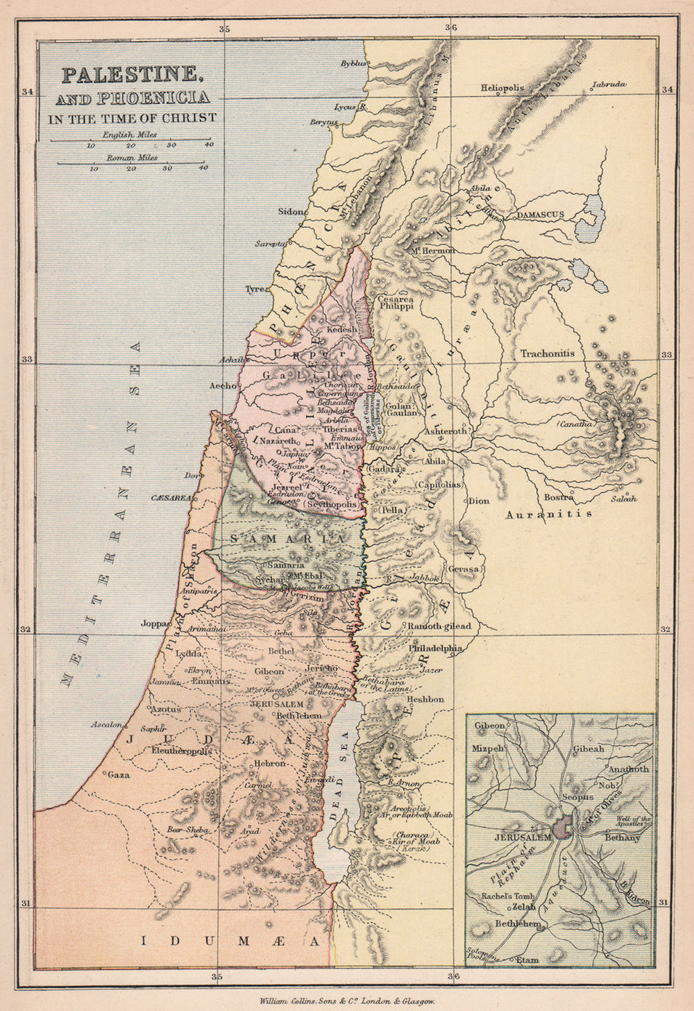 Palestine & Phoenicia in the time of Christ'. Judea Gallilee Samaria 1878 map