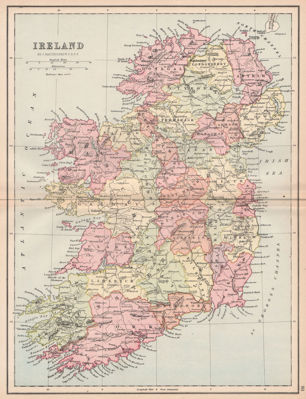'Ireland'. Railways. Counties. BARTHOLOMEW 1878 old antique map plan chart