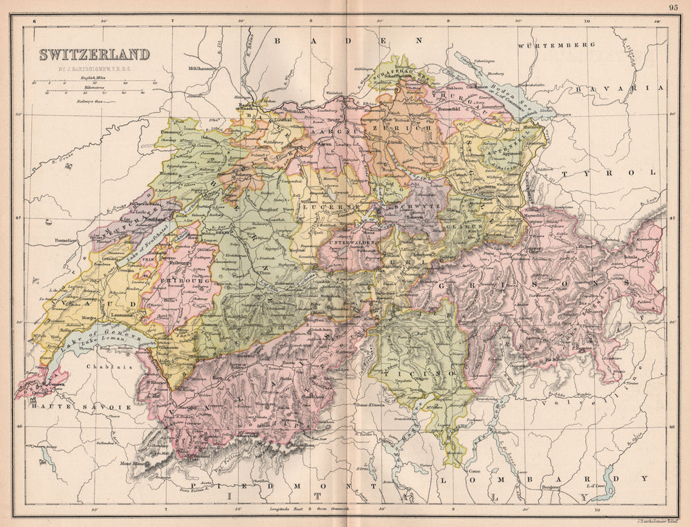 'Switzerland'. Railways. Cantons. BARTHOLOMEW 1878 old antique map plan chart