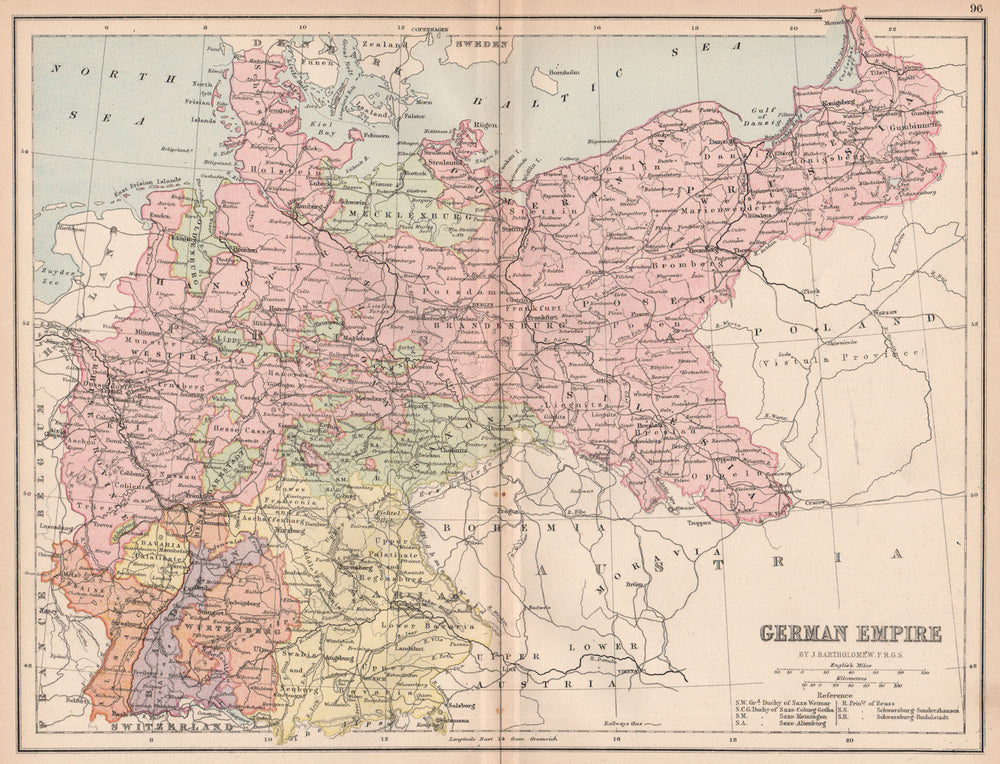 GERMANY. 'German Empire'. Railways. Prussian States. BARTHOLOMEW 1878 old map