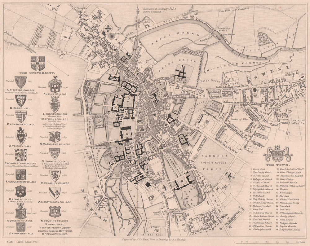 CAMBRIDGE. Plan of the University and Town. LE KEUX 1841 old antique map chart