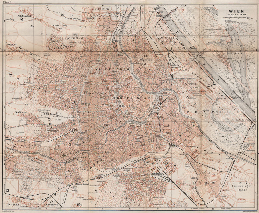 VIENNA WIEN antique town city plan stadtplan. Austria Österreich karte 1896 map
