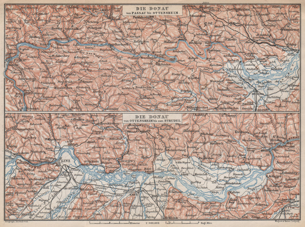DANUBE DONAU RIVER. Passau-Ottensheim-Linz-Enns-Grein. Austria karte 1896 map