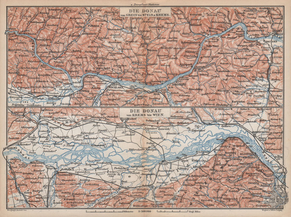 DANUBE DONAU RIVER. Grein-Ybbs-Pochlarn-Melk-Spitz-Krems. Austria 1896 old map