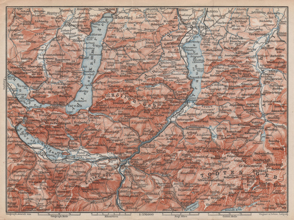 NORTH SALZKAMMERGUT. Gmunden Ischl Hallstatt. Altmunster Ebensee karte 1896 map