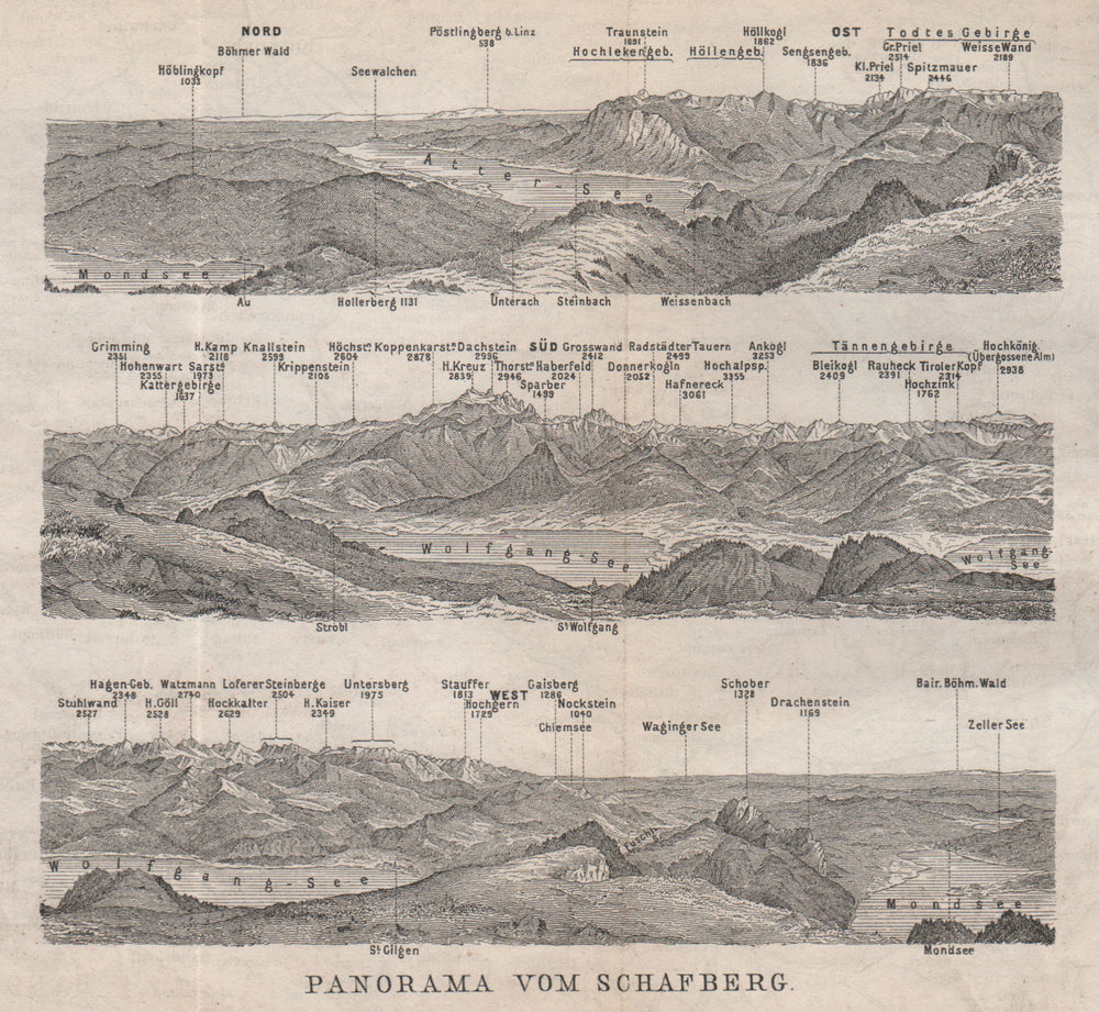 PANORAMA VOM SCHAFBERG, Salzkammergut. Austria Österreich karte 1896 old map