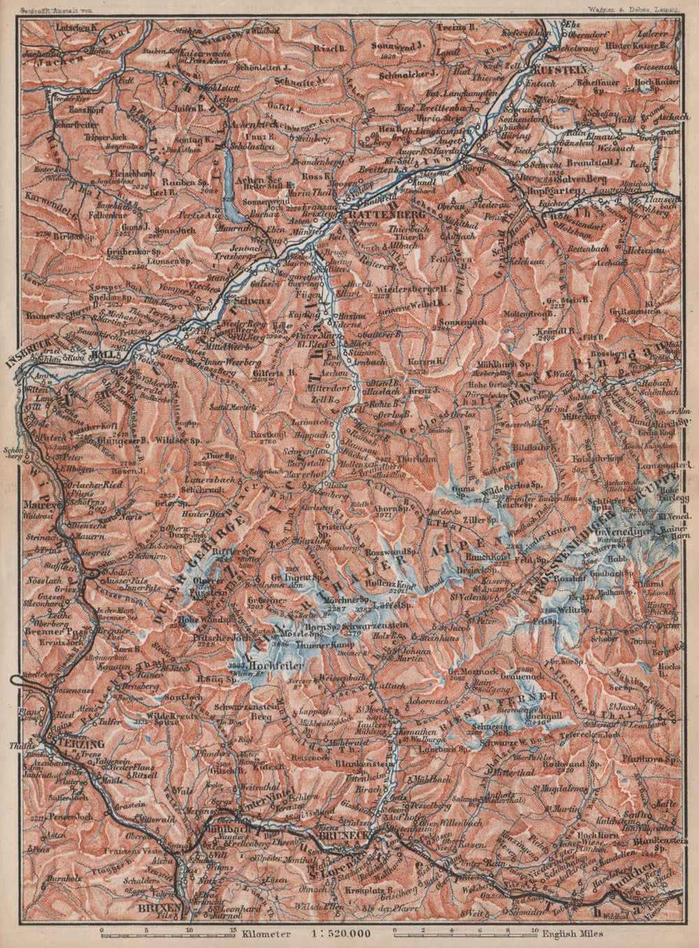 ZILLERTHAL/PUSTERTHAL. Igls Mayrhofen Söll Gerlos Oberau Brixen Fügen 1896 map