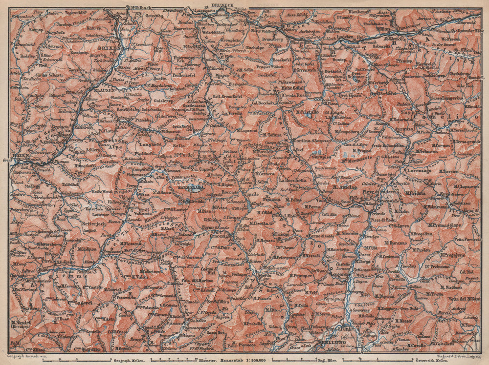 DOLOMITE ALPS DOLOMITI Brixen Bressanone Kronplatz Val Gardena Cortina 1896 map