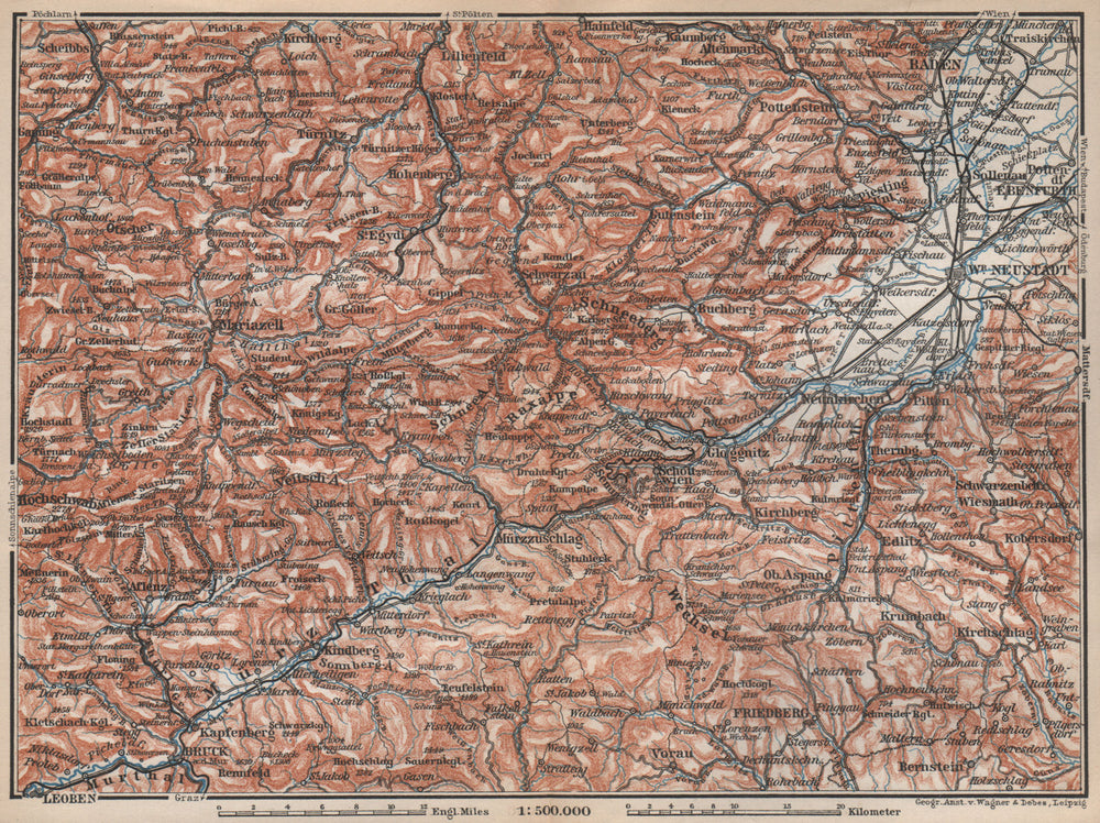 SEMMERING & MARIAZELL environs. Mürztal Styria Baden bei Wien Austria 1896 map