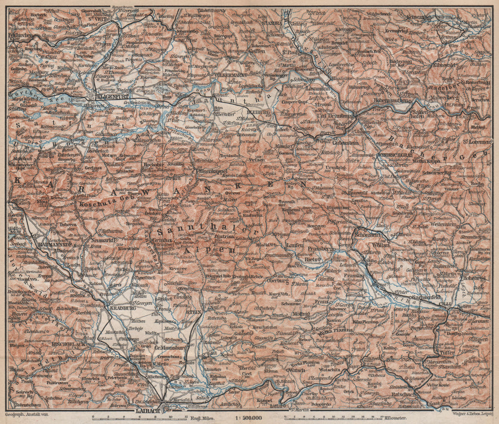 KARAWANKEN & SANNTHALER ALPEN. Klagenfurt Ljubljana Kranj. Carinthia 1896 map